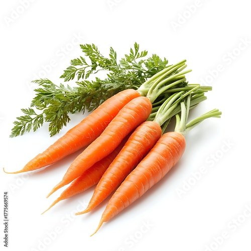 Fresh, vibrant carrots with lush green tops. The image features a bundle of carrots, displaying their bright orange color and fresh green leaves, perfect for illustrating healthy eating or farming