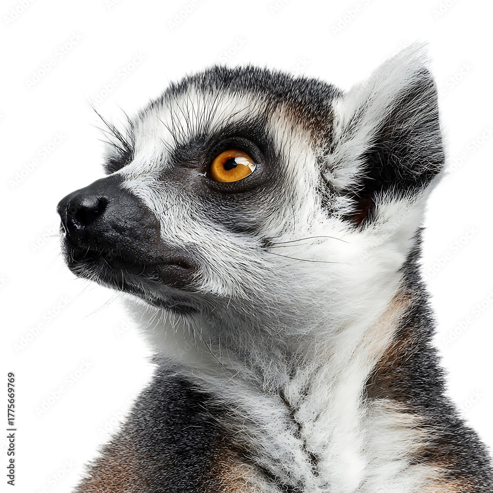 Obraz premium Close up shot of a ring tailed lemur with striking orange eyes looking off to the side on black background
