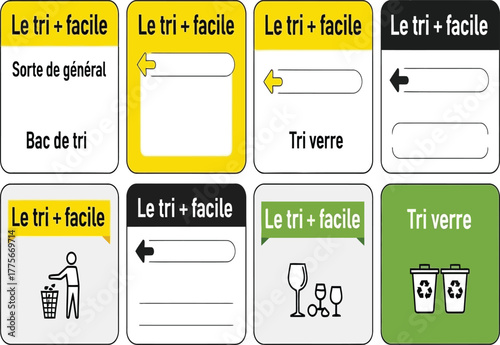 Collection of recycling signs with french text le tri facile isolated on white background, promoting waste sorting and environmental responsibility