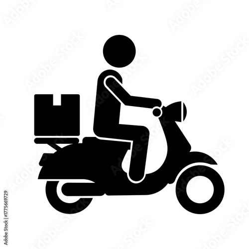 Stickman riding scooter with delivery box.