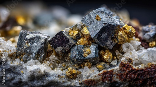 A detailed shot of rare earth element Ytterbium in its natural mineral form, showing metallic-gray chunks with yellowish tint from surface oxidation
