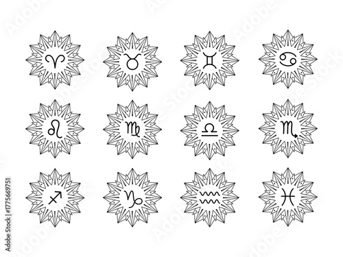 Collection of zodiac signs in line art style on white background.