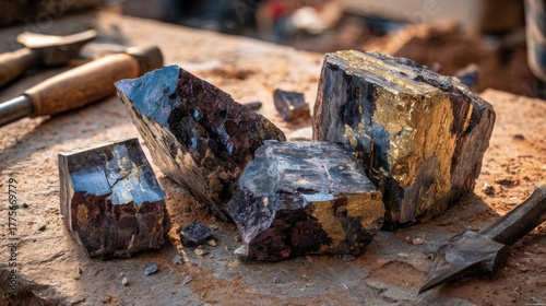 Macro photography of raw Ytterbium ore extraction, showcasing dark lustrous metallic chunks of ytterbium embedded in granite rock matrix
