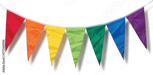Colorful triangular pennant banner isolated on white background, perfect for celebrations, parties, and adding a festive touch to any event or space with vibrant hues