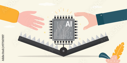 Caught in technologies trap. AI chip in animal trap. Human hands catching neural network or AI chat bot. Technology bait, customers want innovations, robots and smart bots.