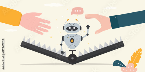 Caught in technologies trap. AI robot in animal trap. Human hands catching neural network or AI chat bot. Technology bait, customers want innovations, robots and smart bots.