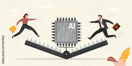 Caught in technologies trap. AI chip in animal trap. Business man and woman catching neural network or AI chat bot. Technology bait, customers want innovations,