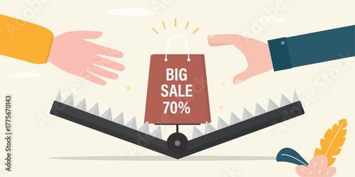 Caught in shopping trap. Shopping bag in animal trap. Big sale, marketing, advertising campaign. Human hands catching bag. Business bait,