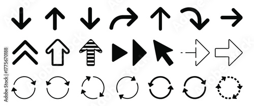 Collection of diverse arrow and circular direction icons, symbols, and pointers for ui/ux