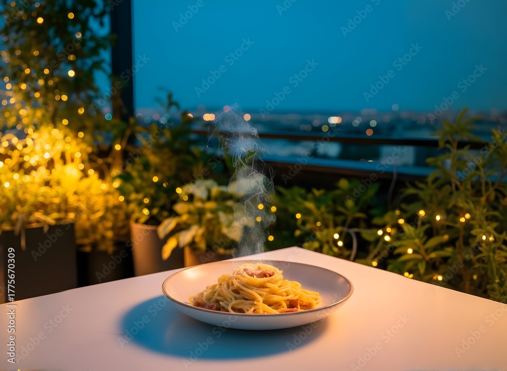 Fototapeta premium Steaming Pasta Dish on a Romantic Rooftop at Dusk