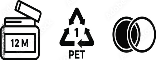 Symbols for product shelf life, recycling, and color matching isolated on white background, indicating product information and environmental responsibility for consumer awareness