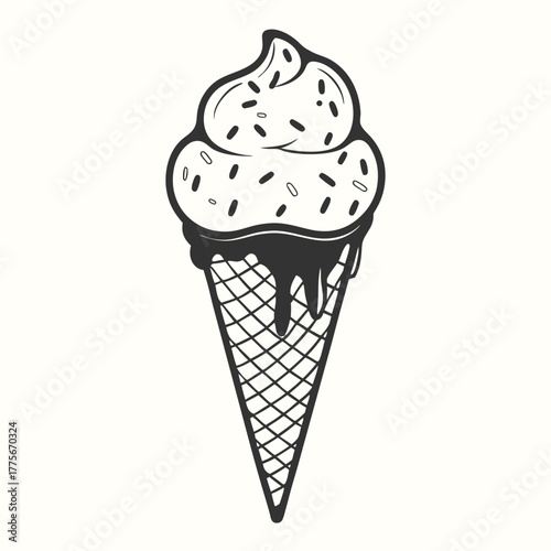 A simple black and white ice cream cone sketch showcases delicious dessert design