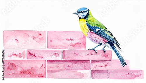 Watercolor bird with vibrant plumage perched on pink brick wall for editorial art photography contrast decor and poetic observation-themed visuals