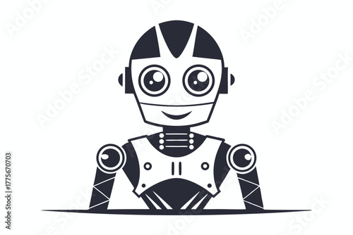 Adorable cartoon robot with big eyes smiles cheerfully, rendered in a monochrome, simplified outline