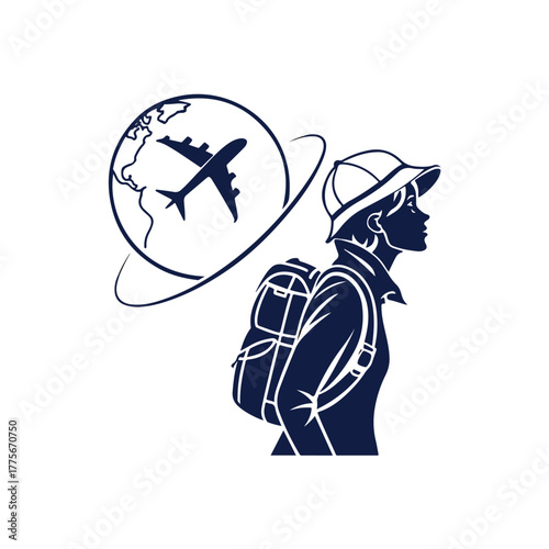 Traveller silhouette with air plane symbol on whit background