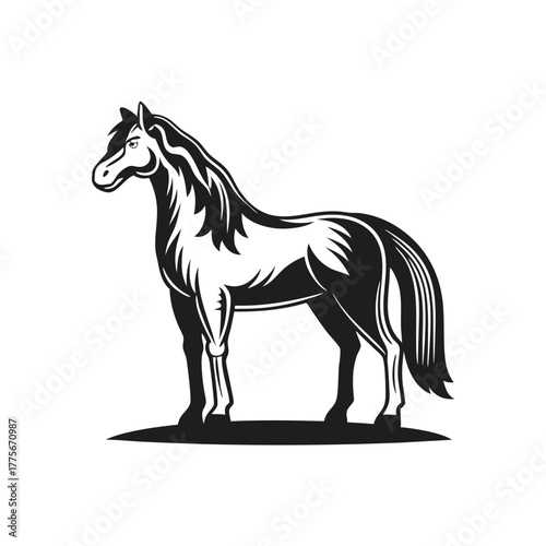An equine black figure stands elegantly, showcasing powerful musculature and confident posture on white