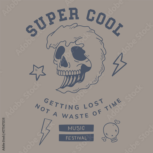 Super cool skull graphic t-shirt design with music festival theme and trendy vintage style