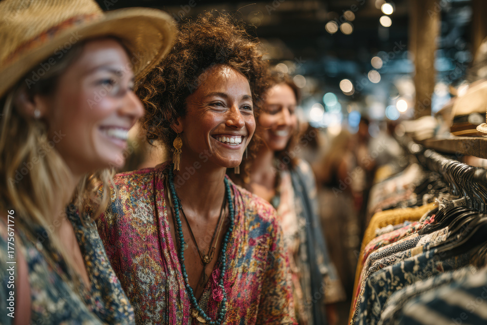 Fototapeta premium Three happy diverse women shopping together in a trendy boutique. They are smiling while browsing clothes on hangers. Friends enjoying a casual retail therapy day.