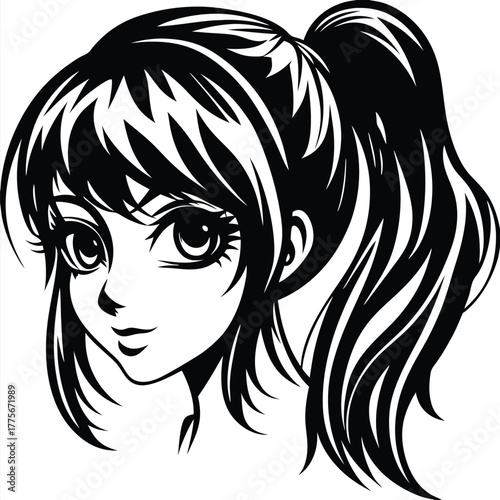 Anime girl with big eyes and ponytail smiling gently in monochromatic illustration