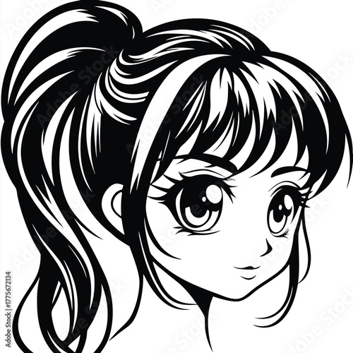 Anime girl with dark hair tied in a ponytail, drawn in black and white
