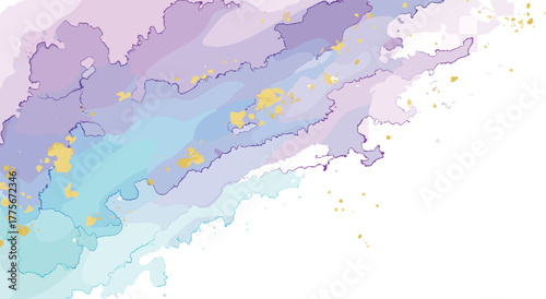 Luminous abstract watercolor background with flowing purple and blue ink washes and sparkling gold glitter details