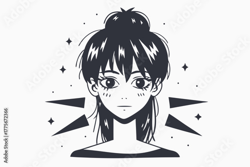 Anime style girl with a bun looks directly at the viewer with stars