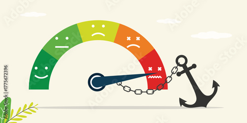 Stress level meter, scale emotions, mood. Arrow chained to giant anchor on bad mood level. Frustration and stress, emotional overload, burnout, overworking, depression.