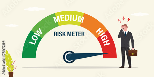 Businessman looking on measuring device. High risk, business or job at risk. Danger, poor risk management, balance between risky and possible profit. Sad investor near gauge