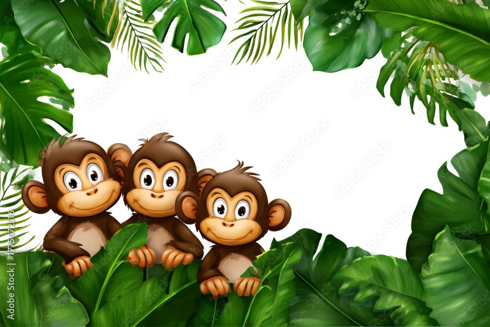 Naklejka premium Three wise monkeys hiding in jungle leaves border