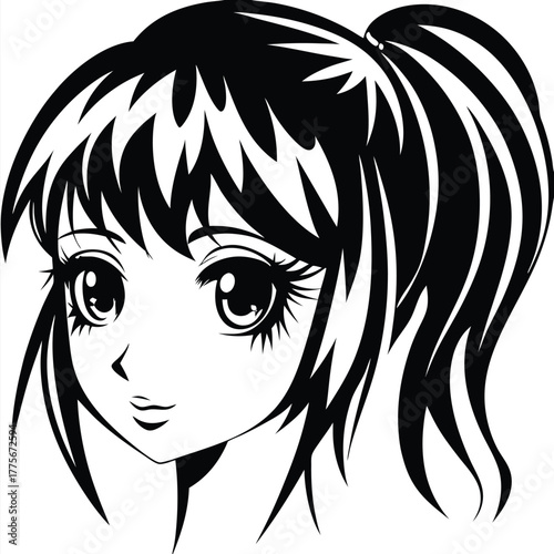 Animestyled girl with big eyes and a ponytail displays manga aesthetic art