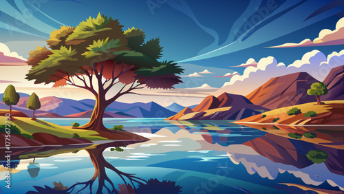 Very beautiful view of Wilson State Park, Kansas, USA, showing a solitary tree emerging from calm lake water, reflecting the sky and creating a tranquil, mirror-like natural scene.