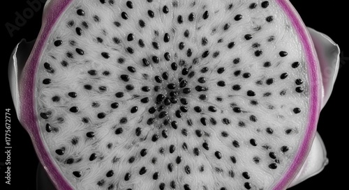 Freshly Cut Dragon Fruit Displaying its Intricate Patterns Against a Deep Black Backdrop