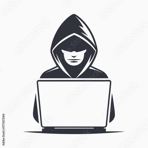 Anonymous hooded character works on a laptop, embodying cyber security and digital privacy