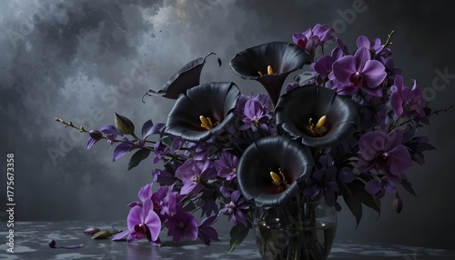 Gothic floral still life, black calla lilies, amethyst orchids, smoky grey background, ethereal lighting, oil-paint texture, luxury minimalism