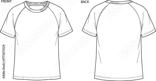 Short-sleeve raglan sport T-shirt technical sketch drawing, vector apparel flat template with crew neck, casual jersey top CAD mockup.