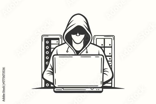 Anonymous hooded person working with a computer surrounded by server racks in black outline