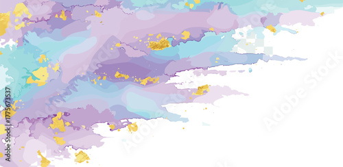 Abstract watercolor background with splashes of gold and purple, blue and turquoise hues