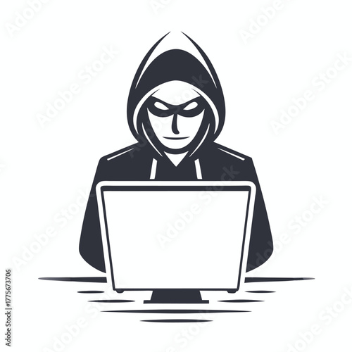 Anonymous silhouette in a hoodie works at the computer with a mask on his face