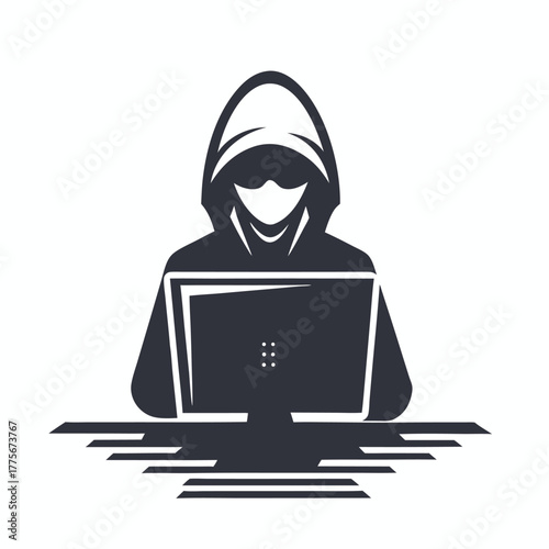 Anonymous silhouette in hooded sweater operates on laptop over abstract lines below