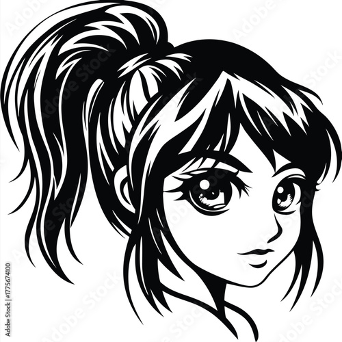 Attractive anime girl with big eyes and stylish ponytail is confidently staring ahead