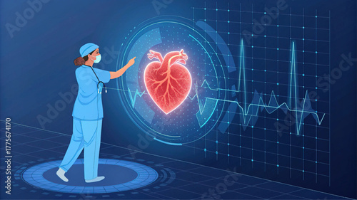 Nurse analyzing cardiology data. Medical interface with heart and ekg rhythm. Abstract futuristic screen for healthcare, diagnosis, and patient monitoring.