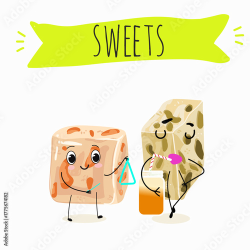 Tasty nougat, turkish delight, Halva confection, funny characters, hand drawn vector illustration.