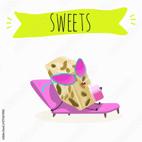 Tasty nougat, turkish delight, Halva confection, funny characters, hand drawn vector illustration.