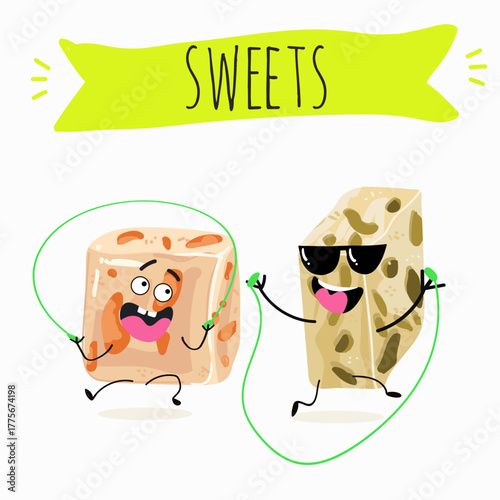 Tasty nougat, turkish delight, Halva confection, funny characters, hand drawn vector illustration.