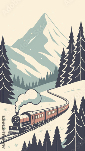 Winter train journey through snowy mountains pastel flat vector art.