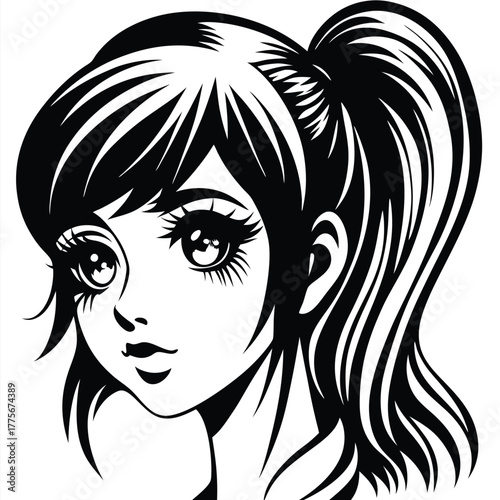 Black and white anime girl with ponytail poses smiling and looking directly ahead