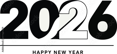 Bold 2026 year graphic with happy new year text below horizontal line