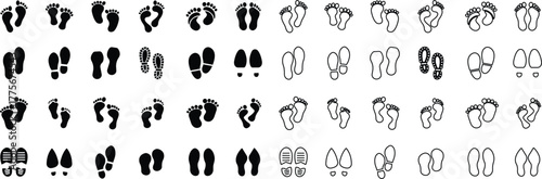 Footprint and shoe print icon set, collection, and group in black flat and line style, including barefoot, boot, sneaker, trail, and walking track symbols, perfect outline and silhouette vector