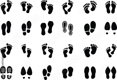 Footprint and shoe print icon set, collection, and group in black flat style, including barefoot, boot, sneaker, trail, and walking track symbols, perfect outline and silhouette vector