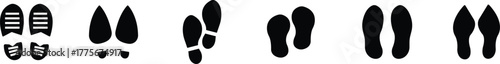 Footprint and shoe print icon set, collection, and group in black flat style, including barefoot, boot, sneaker, trail, and walking track symbols, perfect outline and silhouette vector